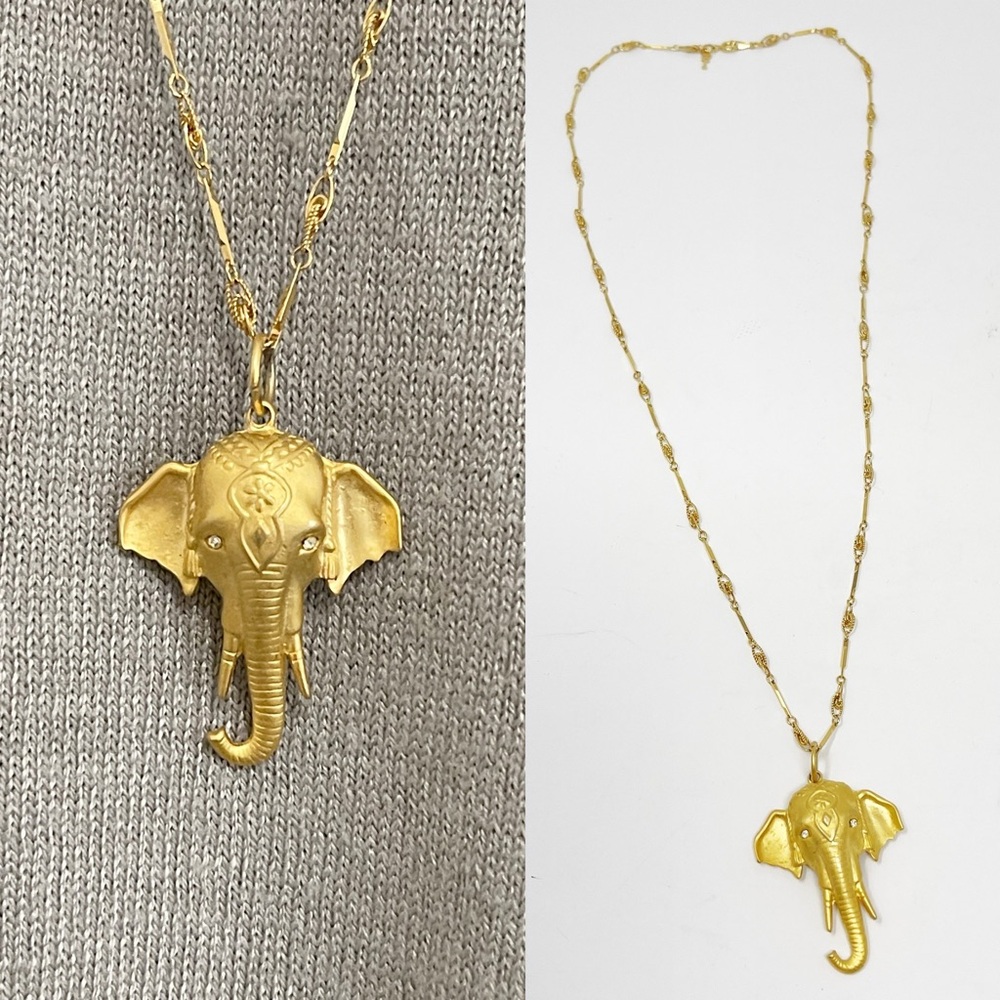 Elephant Necklace Charm Gold Tone Gemstone Eyes Boho Good Luck Prosperity Amulet - Picture 1 of 13